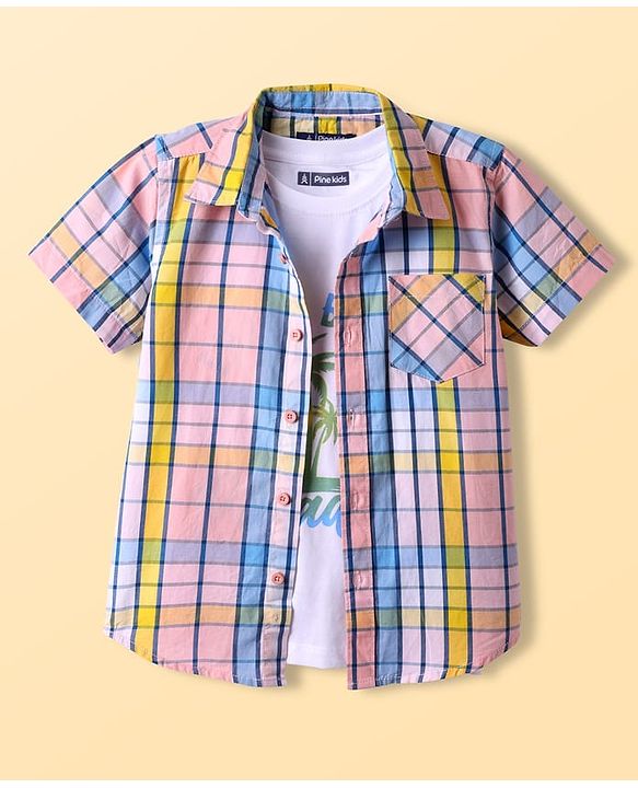 Pine Kids Cotton Woven Half Sleeves Checkered Shirt With T-Shirt - Multicolour