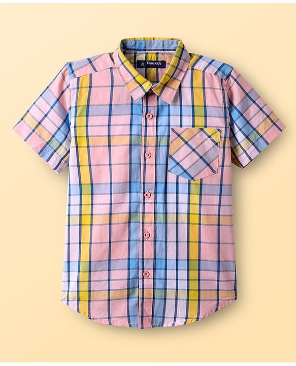 Pine Kids Cotton Woven Half Sleeves Checkered Shirt With T-Shirt - Multicolour