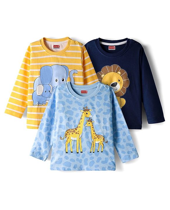 Babyhug 100% Cotton Knit Full Sleeves T-Shirt with Animal Graphic Pack of 3 - Navy Blue Yellow & Light Blue
