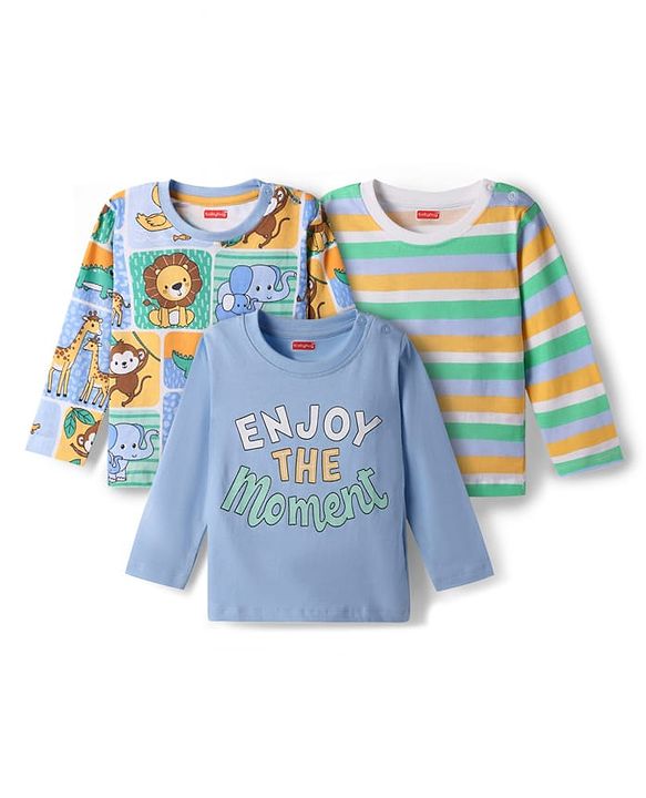 Babyhug 100% Cotton Knit Full Sleeves T-Shirts with Animal Print & Stripes Pack of 3 - Light Blue & Light Green