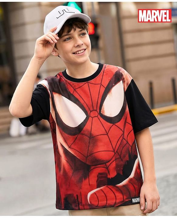 Pine Kids Marvel Single Jersey Knit Drop Shoulder Half Sleeves Oversized T-Shirt with Spiderman Graphics - Red & Black
