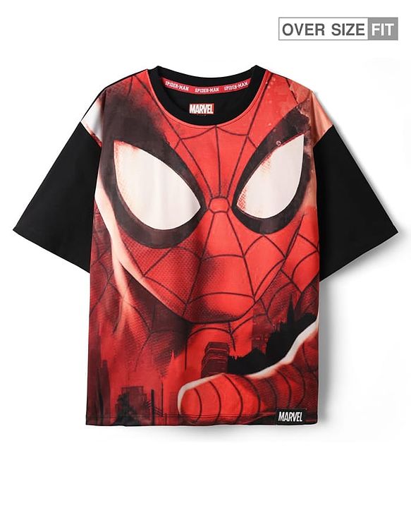 Pine Kids Marvel Single Jersey Knit Drop Shoulder Half Sleeves Oversized T-Shirt with Spiderman Graphics - Red & Black