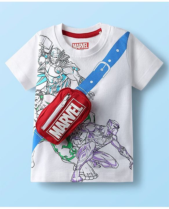 Babyhug Marvel Single Jersey Knit Half Sleeves T-Shirt with Avengers Graphics & Pocket Detailing - White