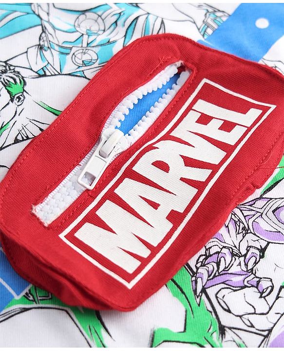Babyhug Marvel Single Jersey Knit Half Sleeves T-Shirt with Avengers Graphics & Pocket Detailing - White