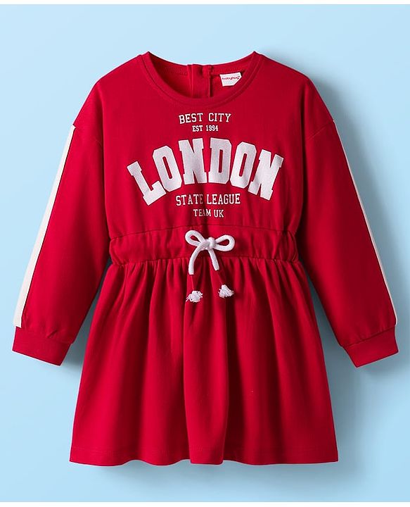 Babyhug Cotton Woven Full Sleeves Winter Frock with London Print & Cinched Waist - Red