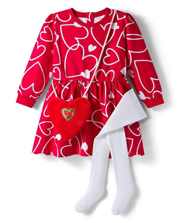 Babyhug Cotton Knit Full Sleeves Frock & Legging With Heart Shaped Sling Bag & Heart Print - Red & White