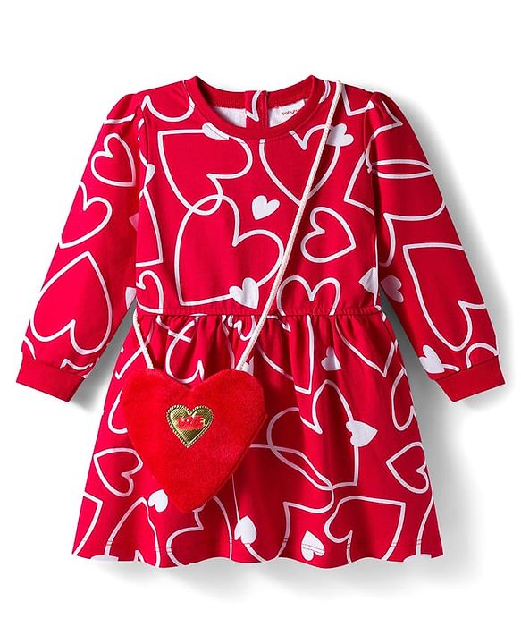 Babyhug Cotton Knit Full Sleeves Frock & Legging With Heart Shaped Sling Bag & Heart Print - Red & White