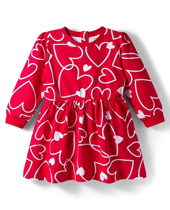 Babyhug Cotton Knit Full Sleeves Frock & Legging With Heart Shaped Sling Bag & Heart Print - Red & White