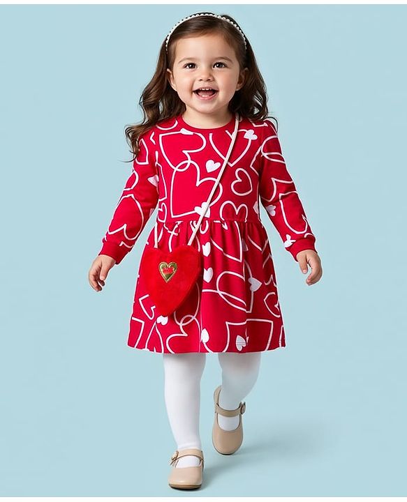 Babyhug Cotton Knit Full Sleeves Frock & Legging With Heart Shaped Sling Bag & Heart Print - Red & White