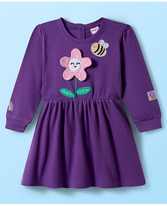 Babyhug Cotton Knit Full Sleeves Frock With Legging & Floral Applique - Purple
