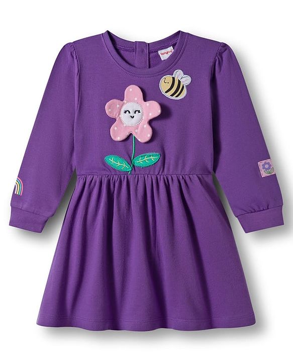 Babyhug Cotton Knit Full Sleeves Frock With Legging & Floral Applique - Purple