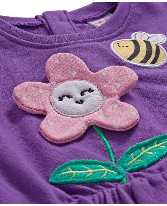 Babyhug Cotton Knit Full Sleeves Frock With Legging & Floral Applique - Purple