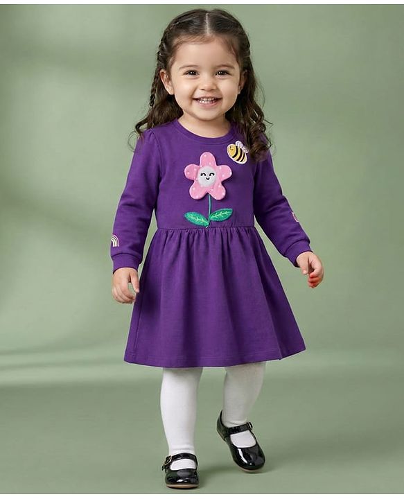 Babyhug Cotton Knit Full Sleeves Frock With Legging & Floral Applique - Purple