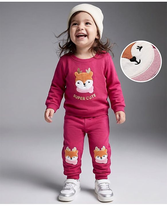 Babyhug Terry Knit Full Sleeves Top & Lounge Pant Set With Animal Patch - Maroon