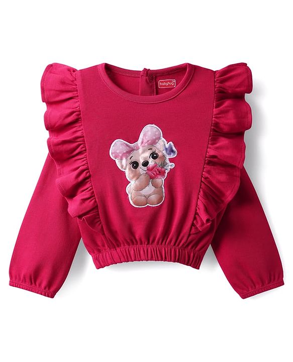 Babyhug Interlock Knit Full Sleeves Top & Trouser Set With Animal Patch - Maroon