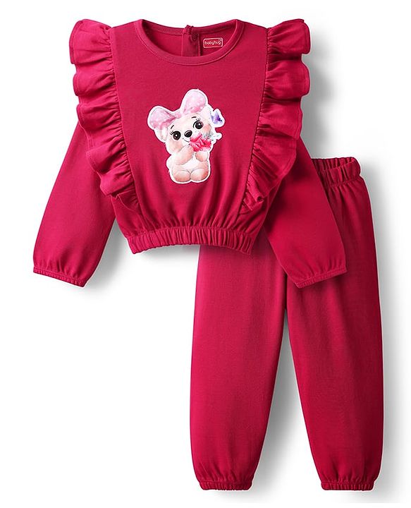 Babyhug Interlock Knit Full Sleeves Top & Trouser Set With Animal Patch - Maroon