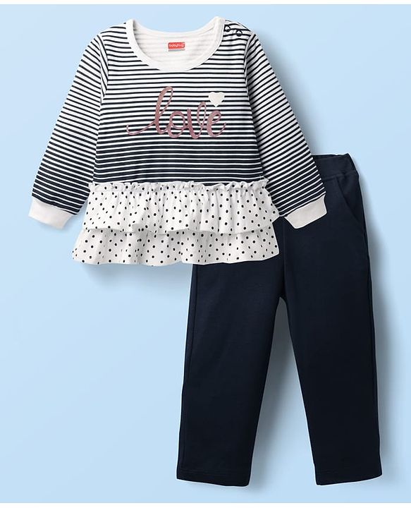 Babyhug Interlock Knit Full Sleeves Striped Top & Trouser Set with Polka Dots Print - Navy Blue & White