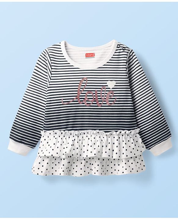 Babyhug Interlock Knit Full Sleeves Striped Top & Trouser Set with Polka Dots Print - Navy Blue & White