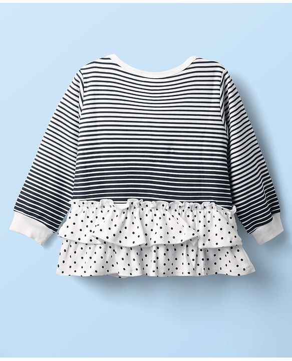 Babyhug Interlock Knit Full Sleeves Striped Top & Trouser Set with Polka Dots Print - Navy Blue & White