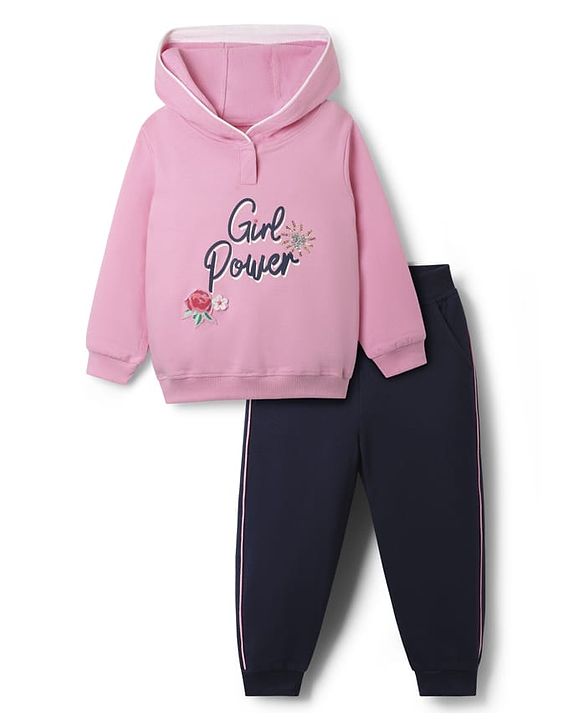Babyhug Terry Knit Full Sleeves Hooded Top & Lounge Pant Set With Floral Patch & Sequin Detailing - Pink & Navy Blue