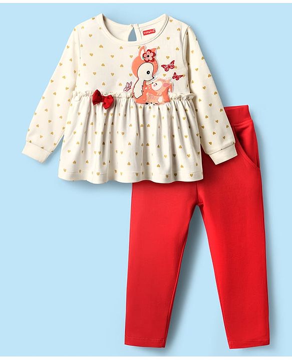 Babyhug Interlock Knit Full Sleeves Top & Lounge Pant Set With Animal Patch & Heart Print - White & Red