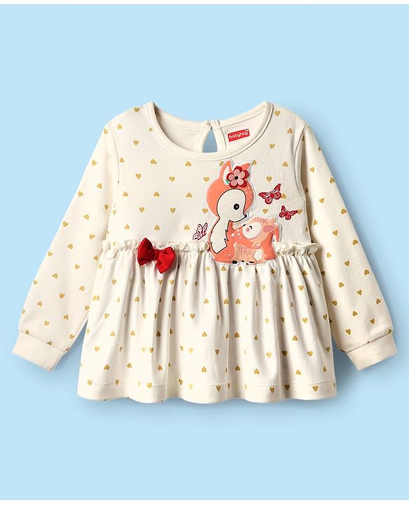 Babyhug Interlock Knit Full Sleeves Top & Lounge Pant Set With Animal Patch & Heart Print - White & Red