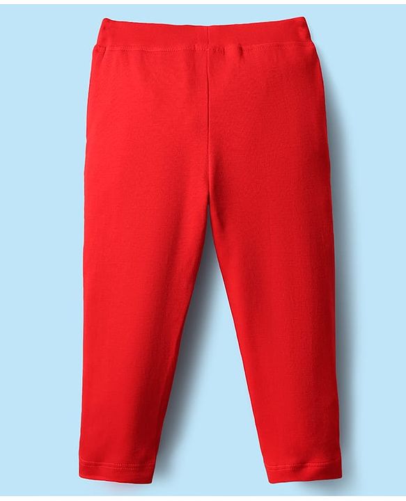 Babyhug Interlock Knit Full Sleeves Top & Lounge Pant Set With Animal Patch & Heart Print - White & Red