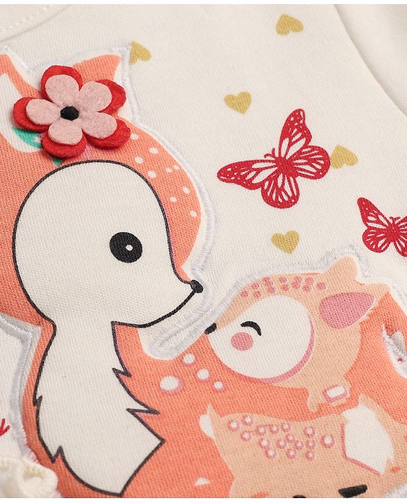 Babyhug Interlock Knit Full Sleeves Top & Lounge Pant Set With Animal Patch & Heart Print - White & Red