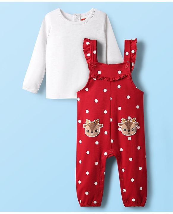 Babyhug Interlock Knit Full Sleeves T-Shirt & Dungaree With Polka Dots & Reindeer Print - White & Red