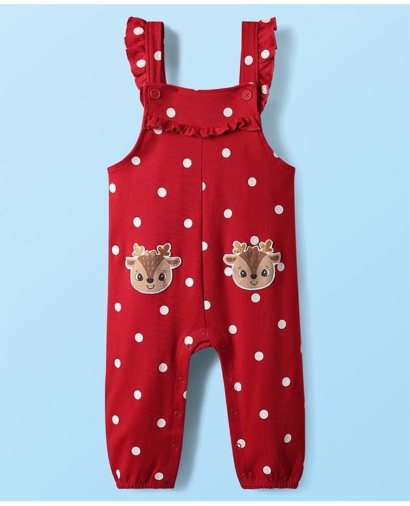 Babyhug Interlock Knit Full Sleeves T-Shirt & Dungaree With Polka Dots & Reindeer Print - White & Red