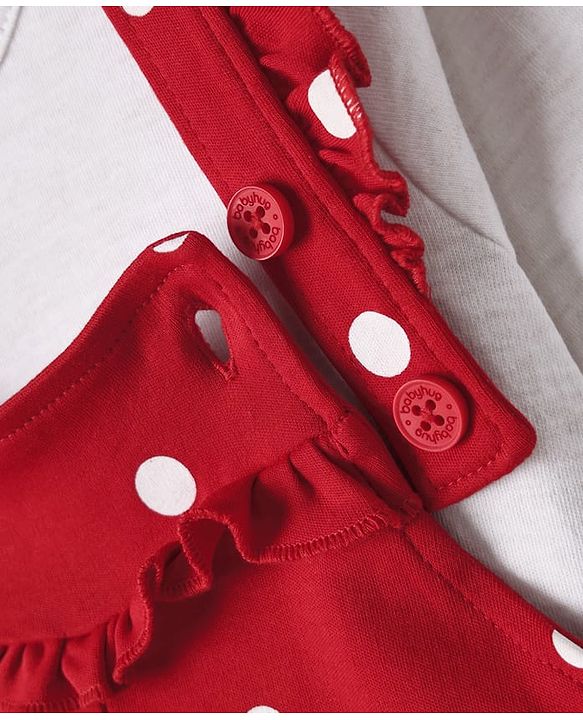 Babyhug Interlock Knit Full Sleeves T-Shirt & Dungaree With Polka Dots & Reindeer Print - White & Red