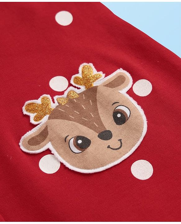 Babyhug Interlock Knit Full Sleeves T-Shirt & Dungaree With Polka Dots & Reindeer Print - White & Red