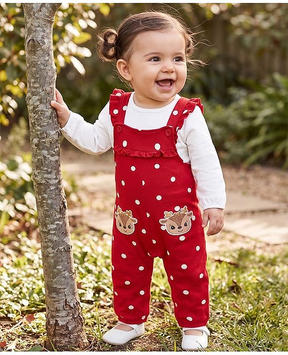 Babyhug Interlock Knit Full Sleeves T-Shirt & Dungaree With Polka Dots & Reindeer Print - White & Red