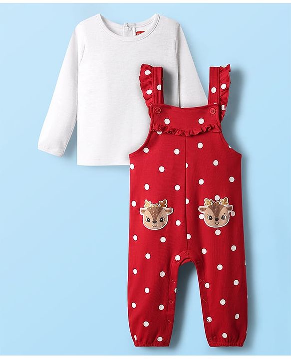 Babyhug Interlock Knit Full Sleeves T-Shirt & Dungaree With Polka Dots & Reindeer Print - White & Red