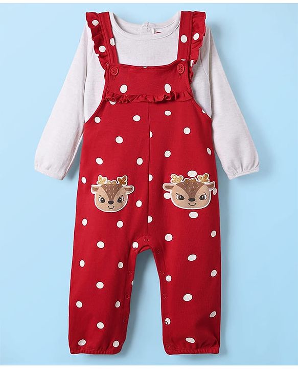 Babyhug Interlock Knit Full Sleeves T-Shirt & Dungaree With Polka Dots & Reindeer Print - White & Red