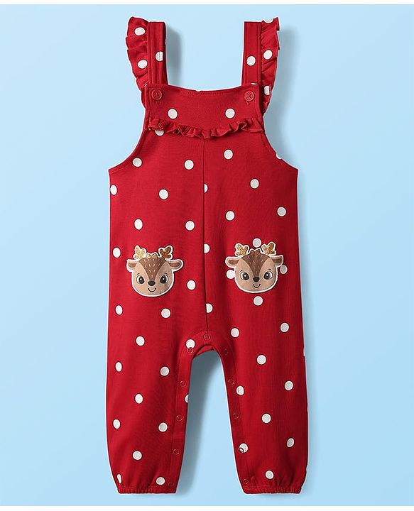 Babyhug Interlock Knit Full Sleeves T-Shirt & Dungaree With Polka Dots & Reindeer Print - White & Red