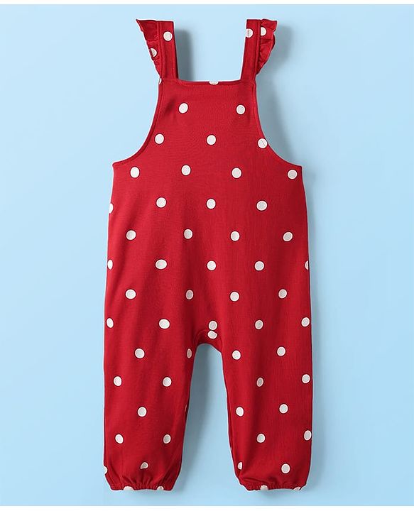 Babyhug Interlock Knit Full Sleeves T-Shirt & Dungaree With Polka Dots & Reindeer Print - White & Red