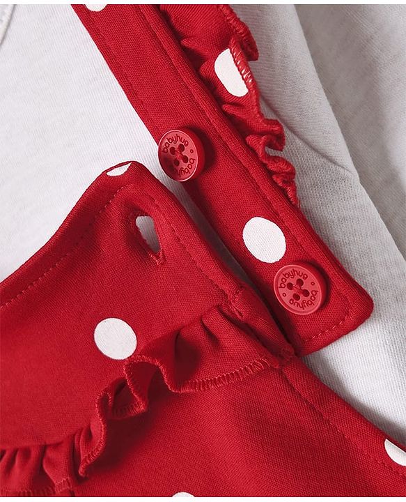 Babyhug Interlock Knit Full Sleeves T-Shirt & Dungaree With Polka Dots & Reindeer Print - White & Red