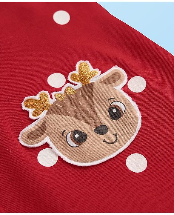 Babyhug Interlock Knit Full Sleeves T-Shirt & Dungaree With Polka Dots & Reindeer Print - White & Red