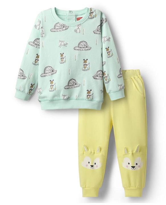 Babyhug Interlock Knit Full Sleeves Top & Pant Set With Animal Print - Light Blue & Yellow