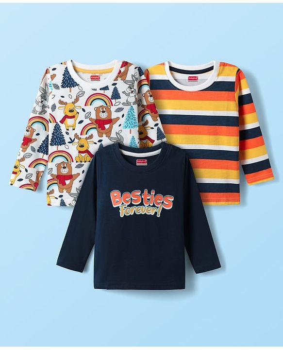 Babyhug 100% Cotton Knit Full Sleeves Striped T-Shirts with Jungle Theme Print Pack of 3 - Multicolor