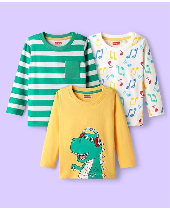 Babyhug 100 % Cotton Knit Full Sleeves T-Shirts & Dino Print Pack of 3 - Yellow Light Green & White
