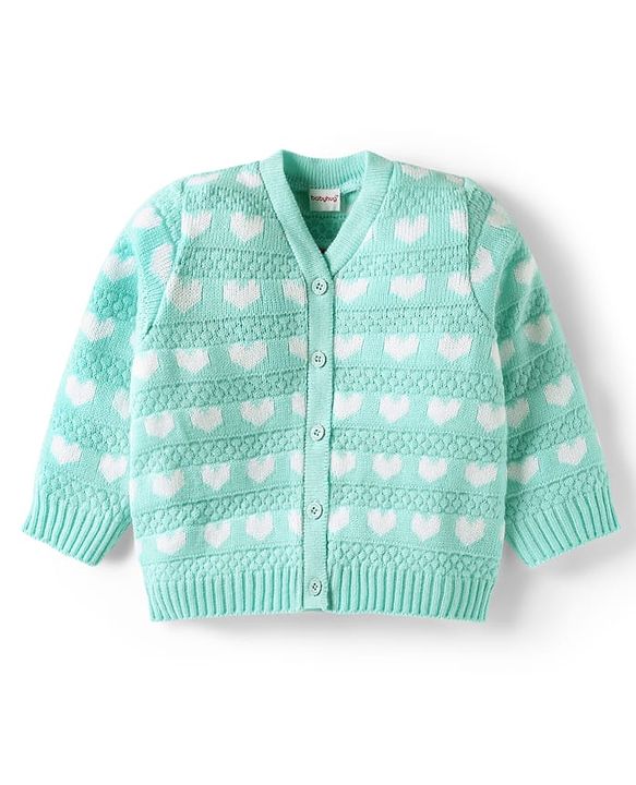 Babyhug Knit Full Sleeves Front Open Sweater With Hearts Design -Aqua Blue