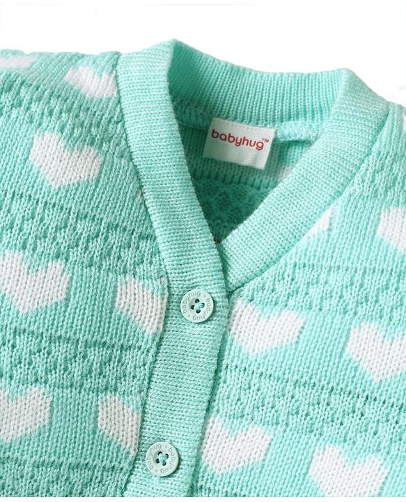 Babyhug Knit Full Sleeves Front Open Sweater With Hearts Design -Aqua Blue