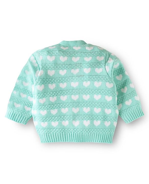 Babyhug Knit Full Sleeves Front Open Sweater With Hearts Design -Aqua Blue