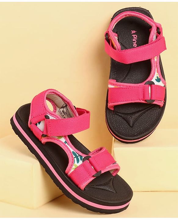 Pine Kids Velcro Closure Sandals with Leaves Print - Pink