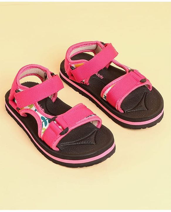 Pine Kids Velcro Closure Sandals with Leaves Print - Pink