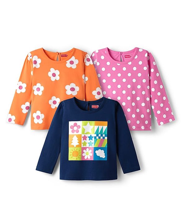 Babyhug 100% Cotton Knit Full Sleeves T-Shirts with Floral & Polka Dots Print Pack of 3 - Navy Blue Pink & Orange