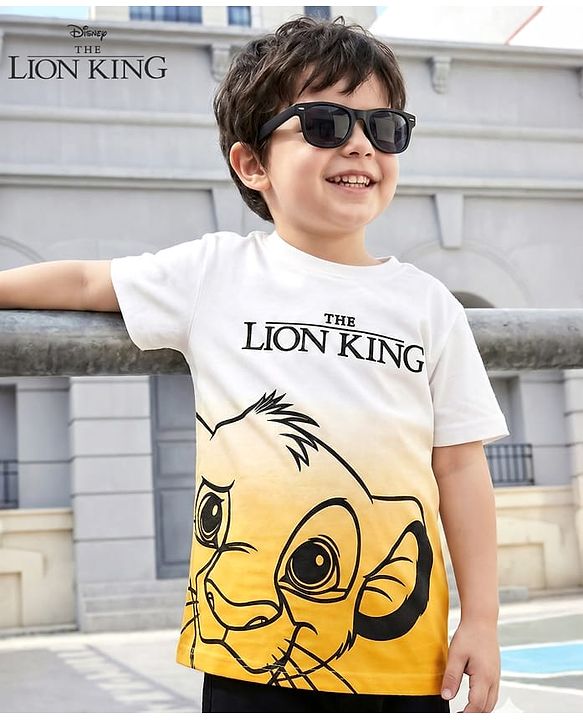 Babyhug Disney Single Jersey Knit Half Sleeves T-Shirt with Lion King Graphic and Ombre Effect - White & Yellow