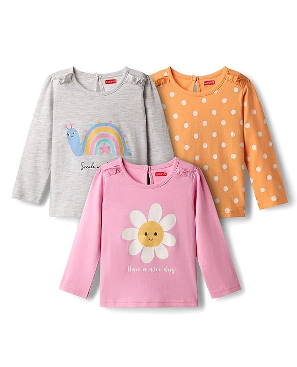 Babyhug 100% Cotton Knit Full Sleeves T-Shirts with Floral & Polka Dots Print Pack of 3 - Grey Pink & Orange